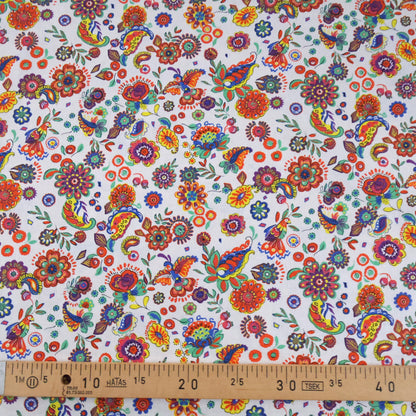 Coton PAREO - Fleurs colorées sur fond blanc