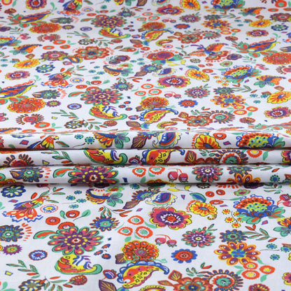 Coton PAREO - Fleurs colorées sur fond blanc