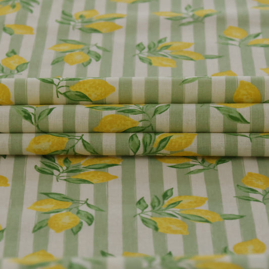 Coton citron jaune sur lignes vertes et blanches
