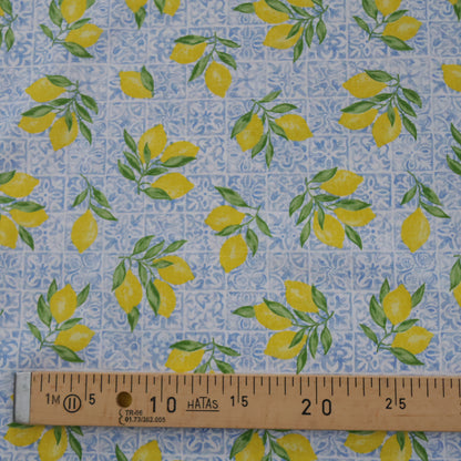 Coton citron jaune ALGARVE sur fond carré bleu
