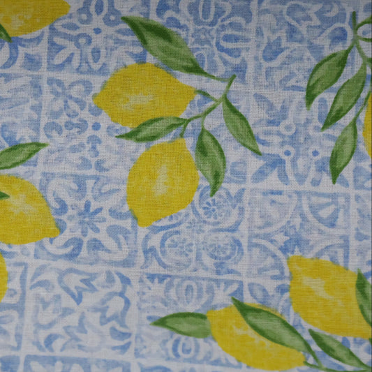 Coton citron jaune ALGARVE sur fond carré bleu