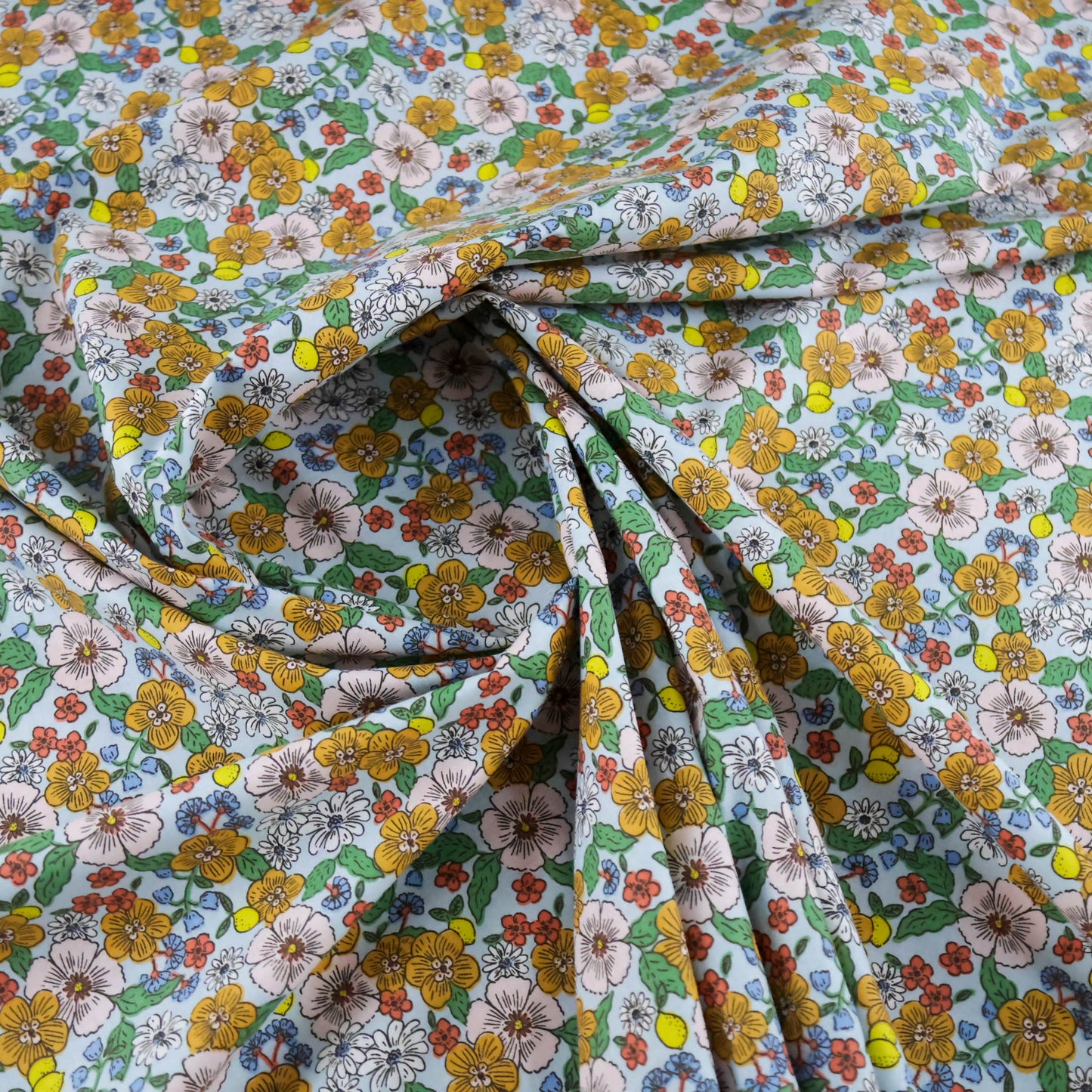 Coton Fleurs et citron sur fond bleu