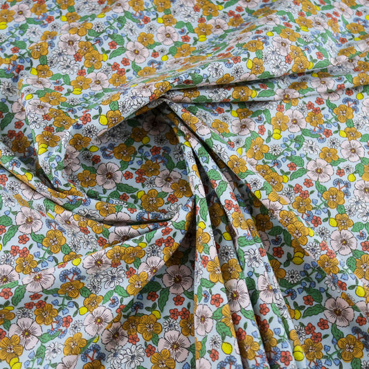Coton Fleurs et citron sur fond bleu