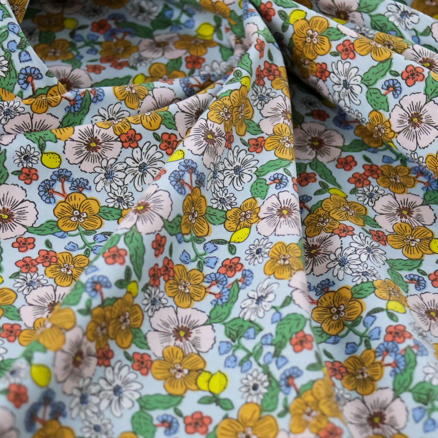 Coton Fleurs et citron sur fond bleu