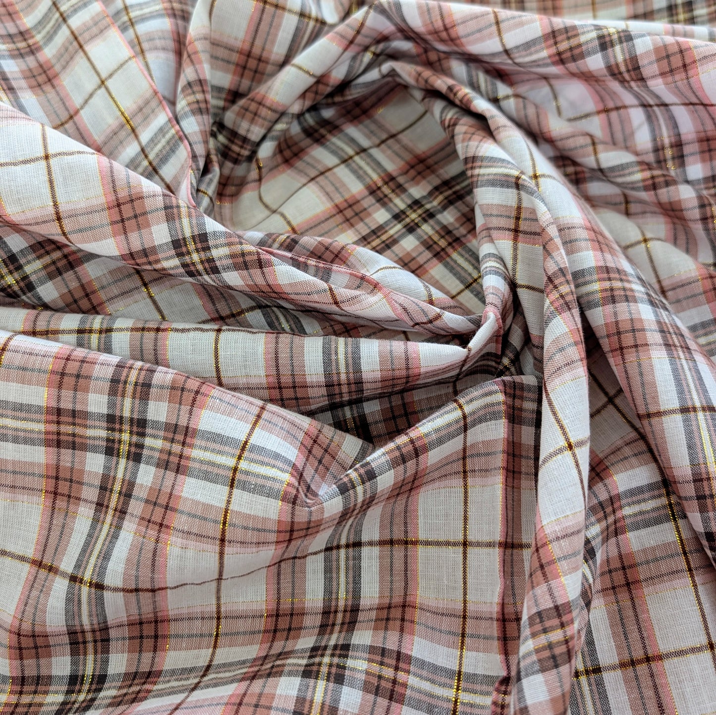 Coton esprit tartan écossais marron rose avec fil lurex doré