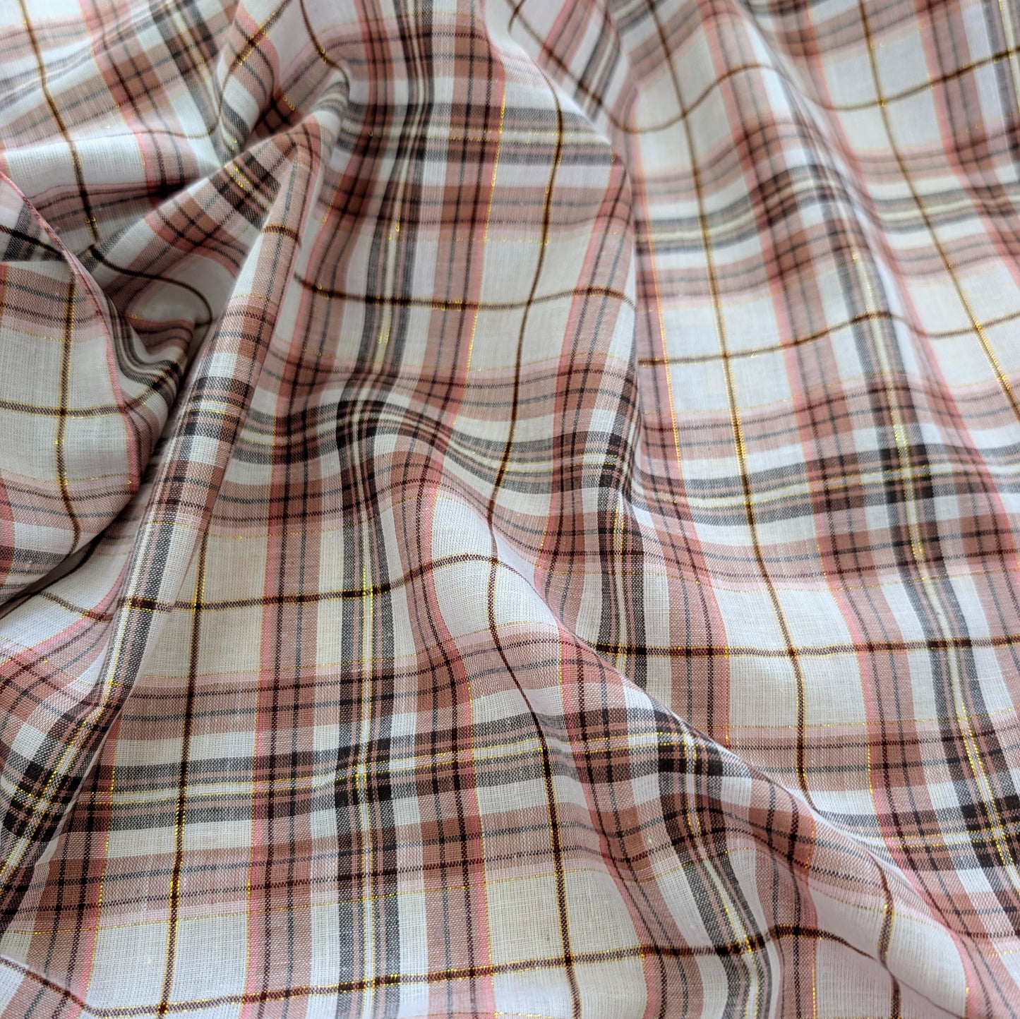 Coton esprit tartan écossais marron rose avec fil lurex doré