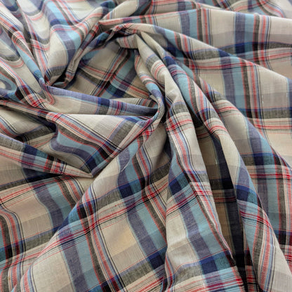 Coton esprit tartan écossais bleu beige avec fil lurex argenté