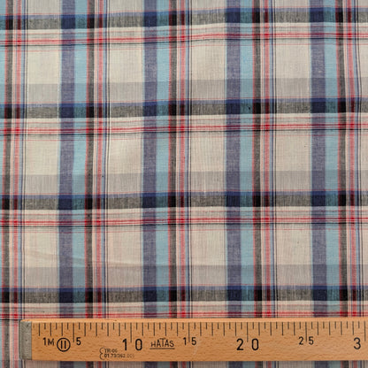 Coton esprit tartan écossais bleu beige avec fil lurex argenté